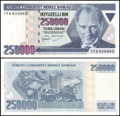 Turkey 250,000 Lira Banknote, L.1970 (1998 ND), P-211, UNC, Prefix